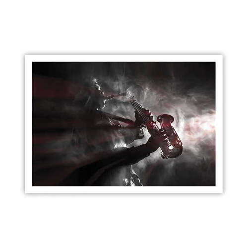 Poster - Sassofonista in fumo sul palco in un suggestivo abito nero e rosso - 100x70cm - Nei fumi del jazz - Decorazione murale moderna per soggiorno e camera da letto ARTTOR