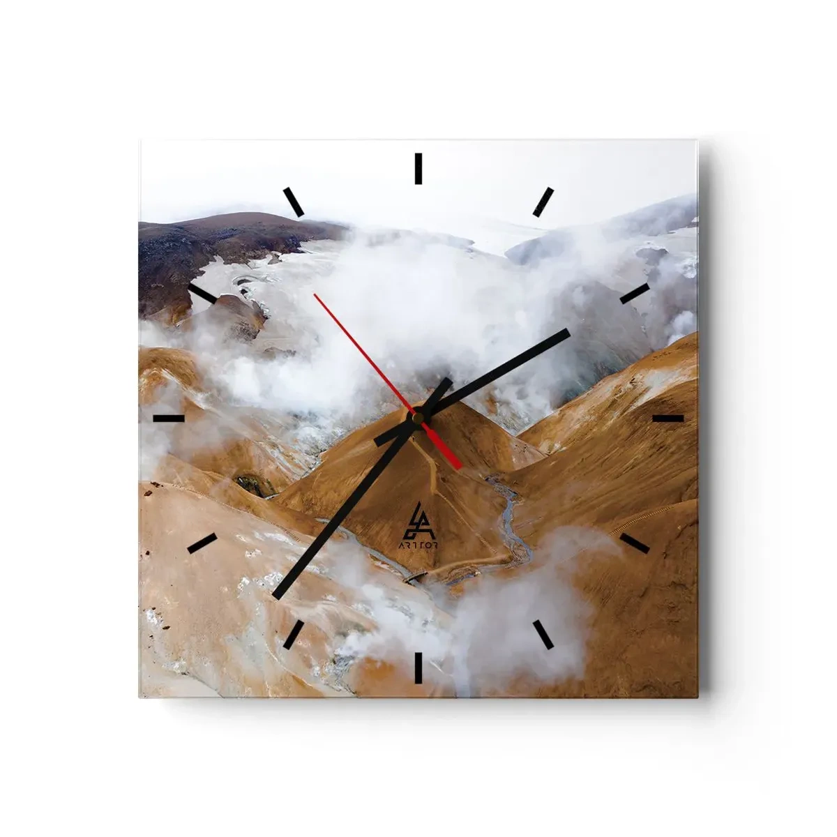 Orologio da parete - Orologio in Vetro - Un paesaggio montano con vapore in un clima rigido - 30x30cm - La bellezza severa dell'Islanda - Decorazione murale moderna per soggiorno e camera da letto ARTTOR