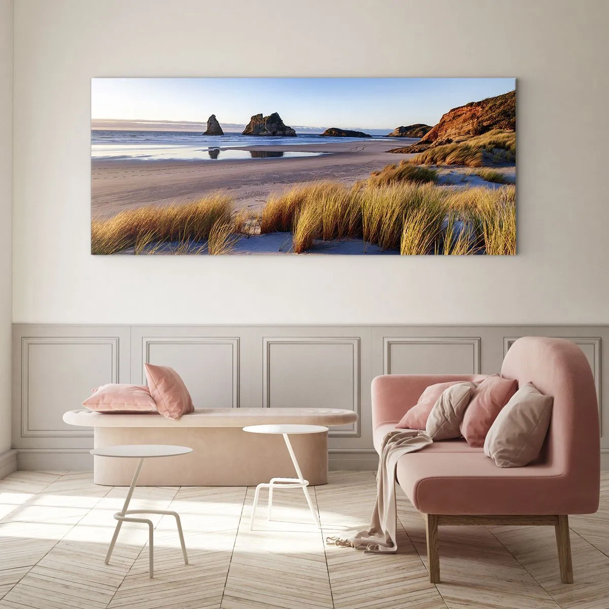 Quadro su vetro - Una spiaggia pittoresca con vista sulle rocce e sul mare al tramonto - 140x50cm - Per i cercatori di pace - Decorazione murale moderna per soggiorno e camera da letto ARTTOR