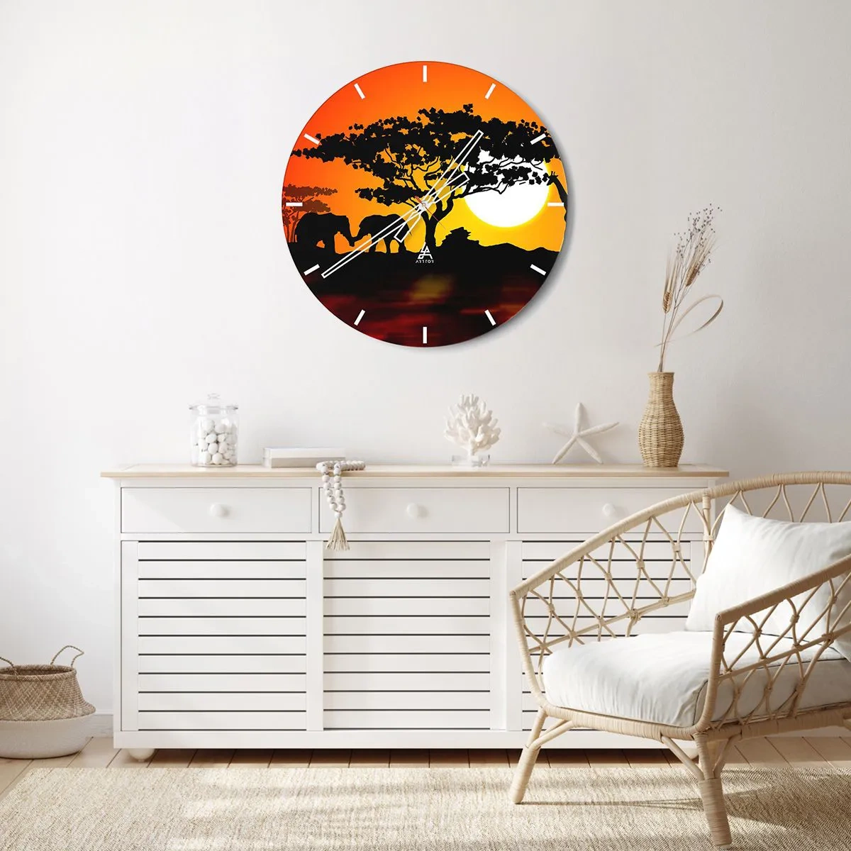 Orologio da parete - Orologio in Vetro - Paesaggio africano con sagome di alberi e animali al tramonto - 30x30cm - Incontro nella savana - Decorazione murale moderna per soggiorno, cucina e camera da letto ARTTOR