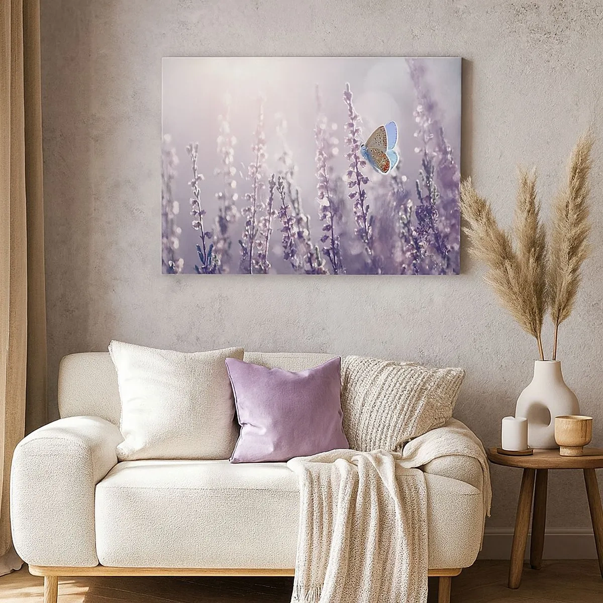 Quadro su tela - Stampe su Tela - Una farfalla sulla lavanda in fiore nella luce del mattino - 70x50cm - Il bacio della farfalla - Decorazione murale moderna per soggiorno e camera da letto ARTTOR