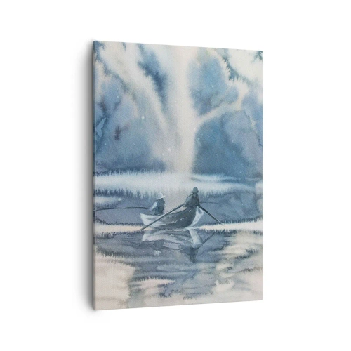 Quadro su tela - Stampe su Tela - Paesaggio ad acquerello con barche su un lago circondato da una foresta nebbiosa - 50x70cm - I pescatori nel loro paradiso - Decorazione murale moderna per soggiorno e camera da letto ARTTOR