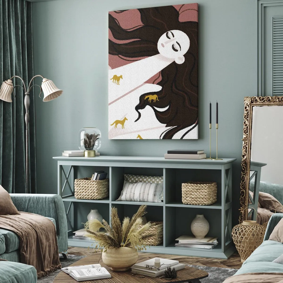 Quadro su tela - Stampe su Tela - Una figura con gli occhi chiusi circondata da cavalli dorati - 50x70cm - Il sogno del cavallo d'oro - Decorazione murale moderna per soggiorno e camera da letto ARTTOR