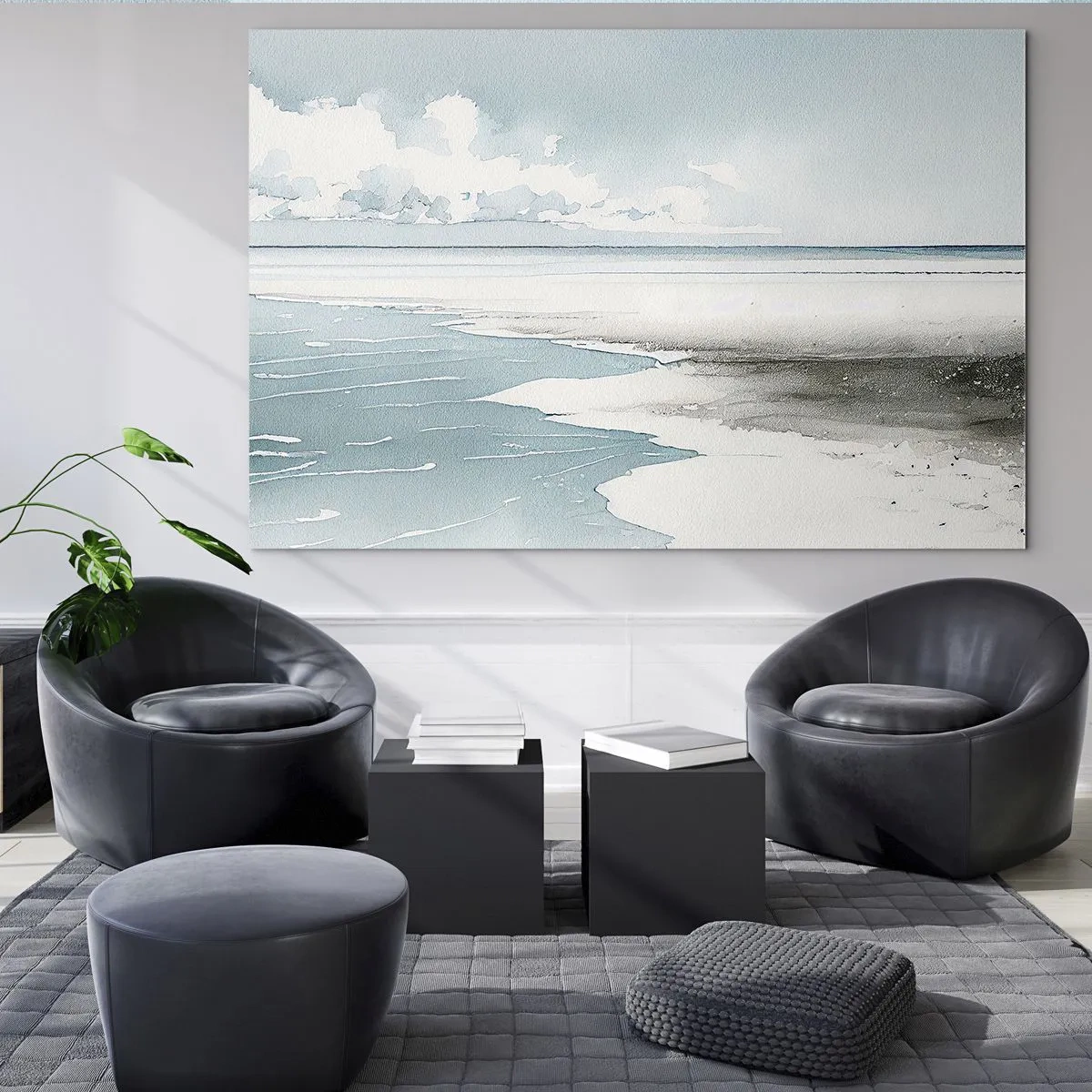 Quadro su vetro - Un tranquillo paesaggio marino in stile acquerello, nelle tonalità del blu. - 100x70cm - Marea dolce - Decorazione murale moderna per soggiorno e camera da letto ARTTOR