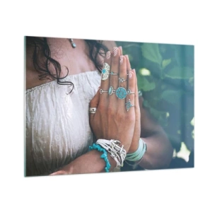 Quadro su vetro - Mani di donna che indossano gioielli boho - 100x70cm - Benvenuto al centro dell'essere - Decorazione murale moderna per soggiorno e camera da letto ARTTOR
