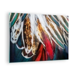 Quadro su vetro - Piume colorate in una ricca tavolozza di colori con una consistenza distinta - 70x50cm - I misteri del volo - Decorazione murale moderna per soggiorno e camera da letto ARTTOR