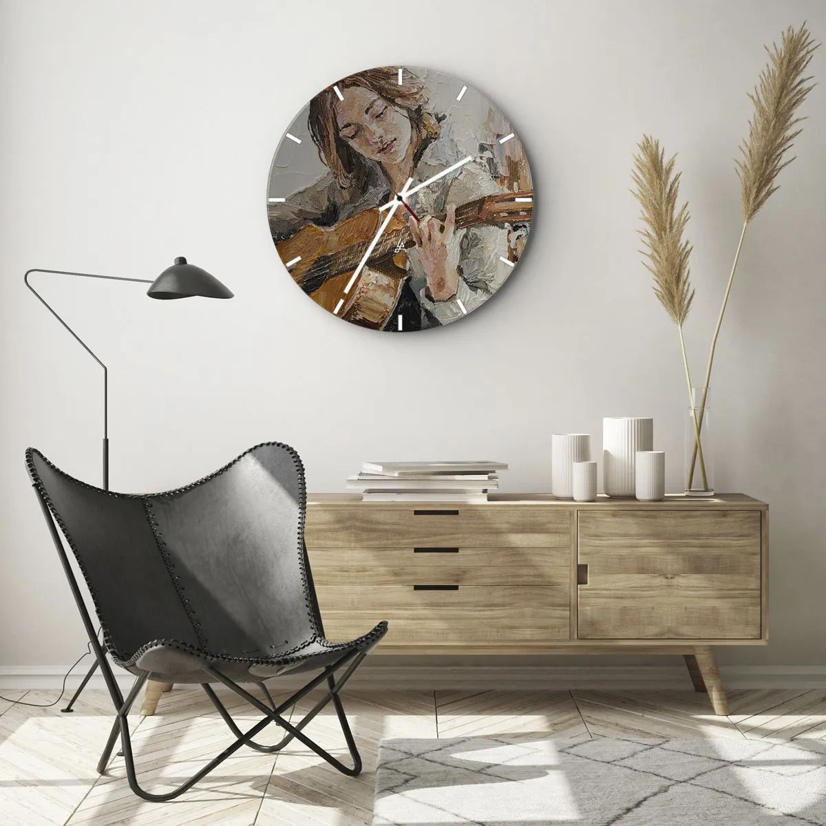 Orologio da parete - Orologio in Vetro - Ritratto di una donna che suona la chitarra in stile pittorico - 30x30cm - Concerto per chitarra e cuore di ragazza - Decorazione murale moderna per soggiorno, cucina e camera da letto ARTTOR