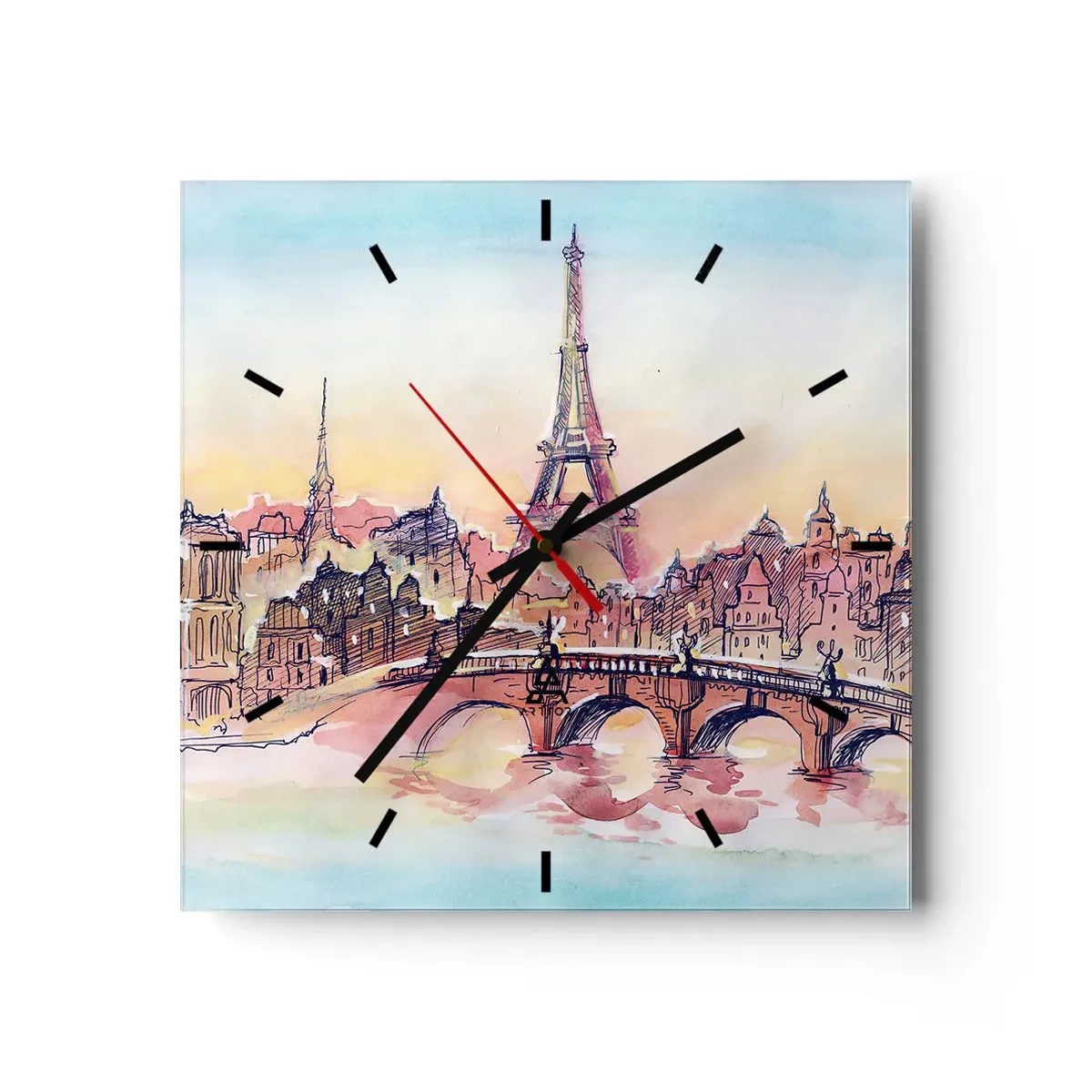 Orologio da parete - Orologio in Vetro - Panorama acquerello di Parigi con la Torre Eiffel al tramonto - 30x30cm - L'unica città così al mondo - Decorazione murale moderna per soggiorno e camera da letto ARTTOR
