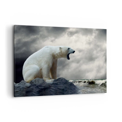 Quadro su tela - Stampe su Tela - Un orso polare sulle rocce sopra un mare in tempesta - 100x70cm - Il re solitario dell'Artide - Decorazione murale moderna per soggiorno e camera da letto ARTTOR