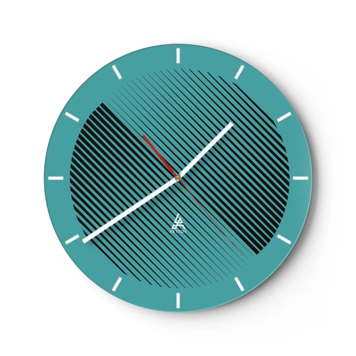 Orologio da parete - Orologio in Vetro - Sfondo turchese con linee diagonali nere in una disposizione geometrica - 30x30cm - Cerchio: variazione geometrica - Decorazione murale moderna per soggiorno, cucina e camera da letto ARTTOR