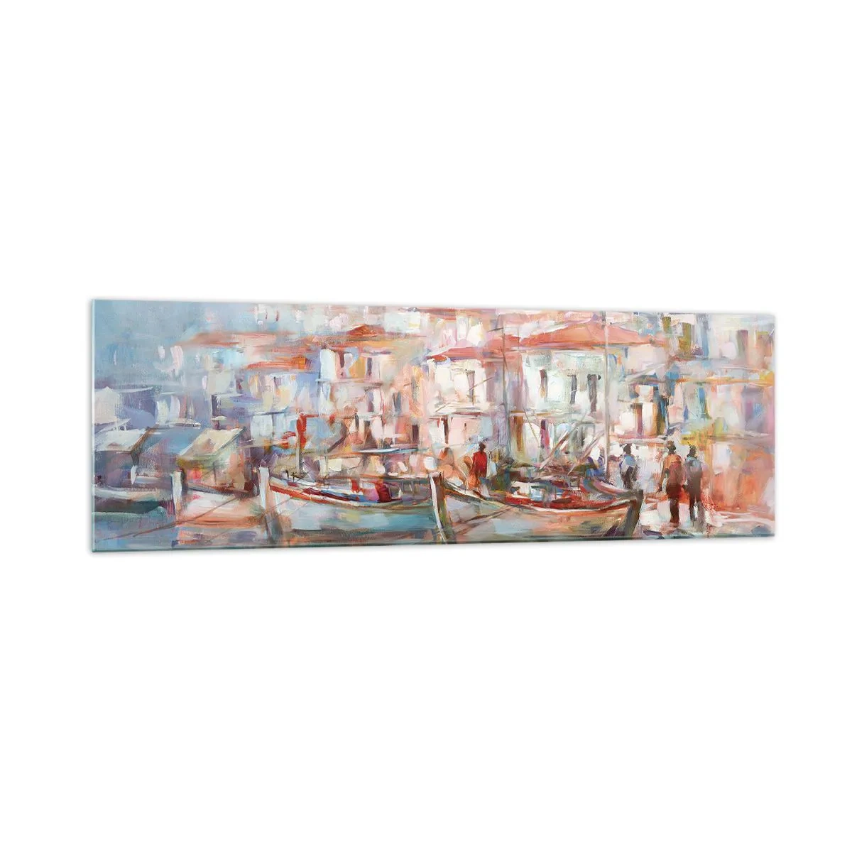 Quadro su vetro - Impressione del porto con barche ed edifici - 160x50cm - Vacanze in pastello - Decorazione murale moderna per soggiorno e camera da letto ARTTOR
