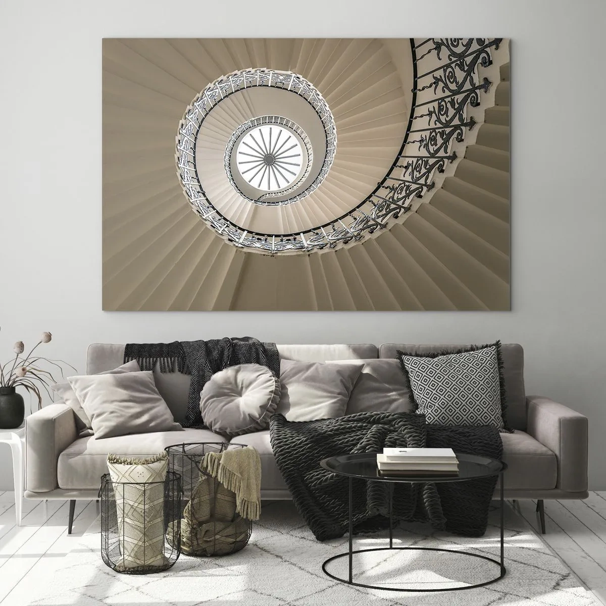 Quadro su vetro - Una vista su una scala a chiocciola che ricorda una conchiglia - 70x50cm - Al centro della chiocciola - Decorazione murale moderna per soggiorno e camera da letto ARTTOR