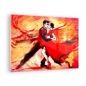 Quadro su vetro - Una coppia che balla in una composizione dinamica rossa - 70x50cm - Il ritmo porpora della passione - Decorazione murale moderna per soggiorno e camera da letto ARTTOR