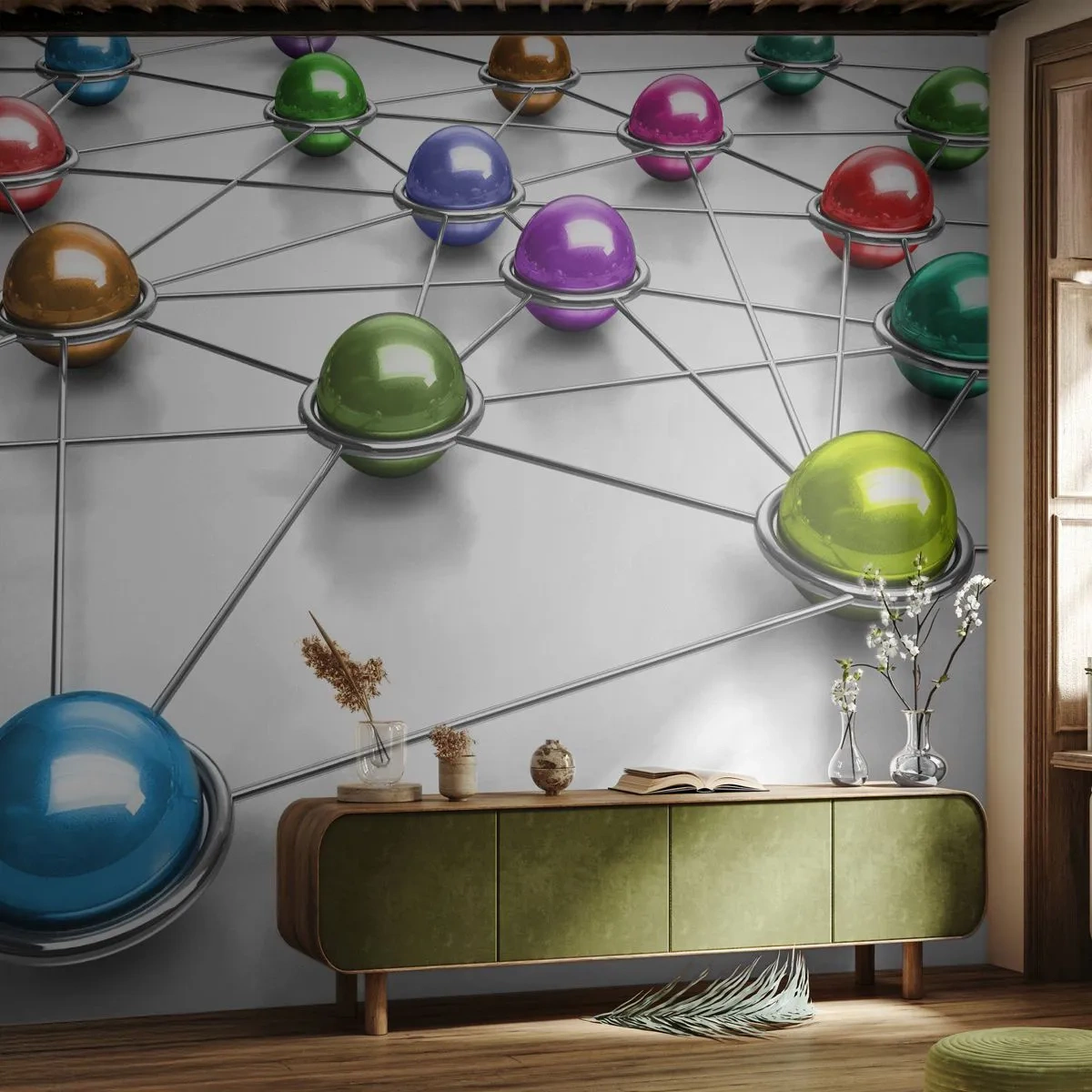 Fotomurali Standard Eco - Ragnatela cosmica - Astrazione, Sfere di metallo, 3D - 500x350 cm