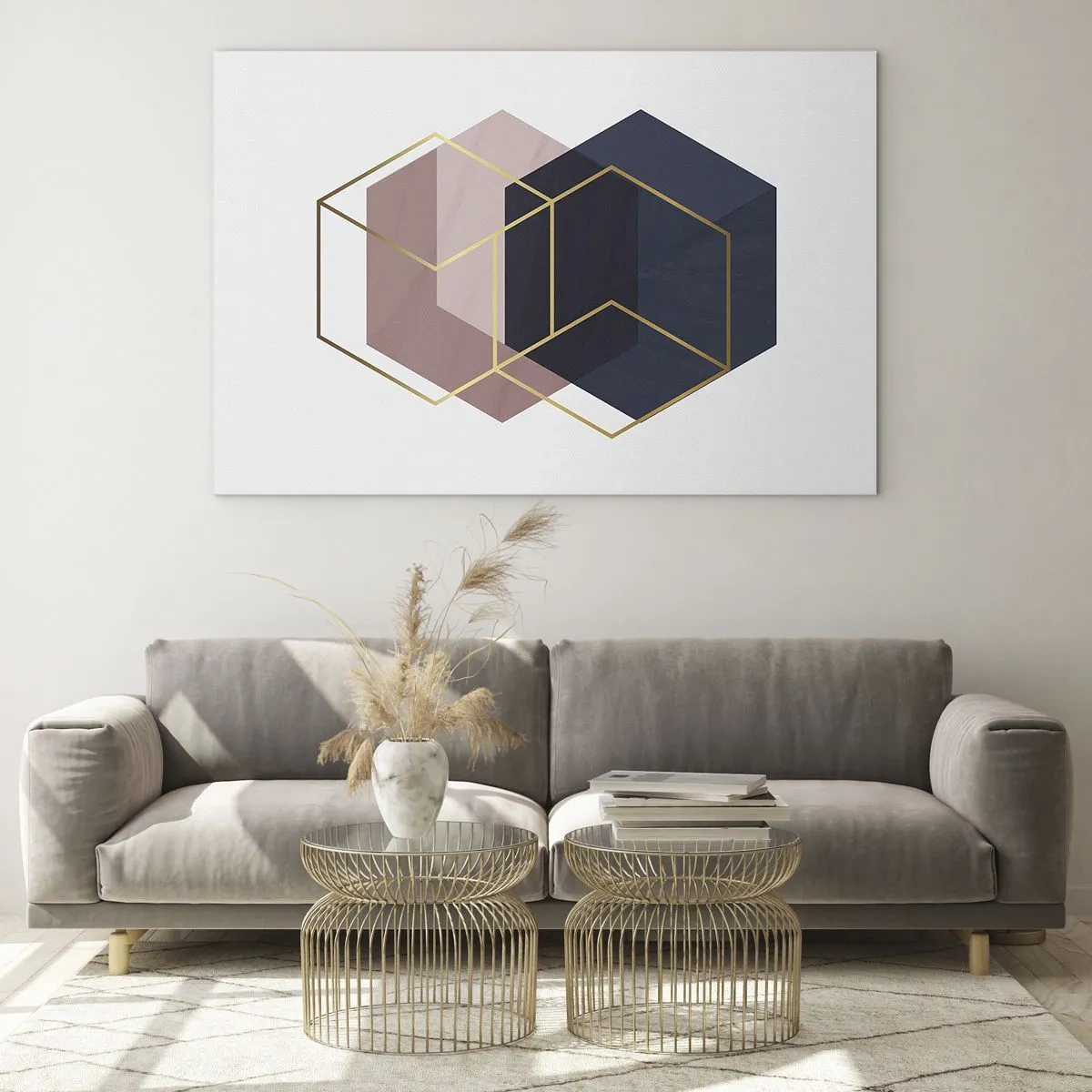 Quadro su vetro - Contorni dorati di cubi su uno sfondo di solidi blu navy e rosa - 70x50cm - La forza della semplicità - Decorazione murale moderna per soggiorno e camera da letto ARTTOR