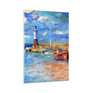Quadro su vetro - Porto di pescatori con barche e un faro dai colori vivaci - 80x120cm - Pomeriggio nell'insenatura multicolore - Decorazione murale moderna per soggiorno e camera da letto ARTTOR