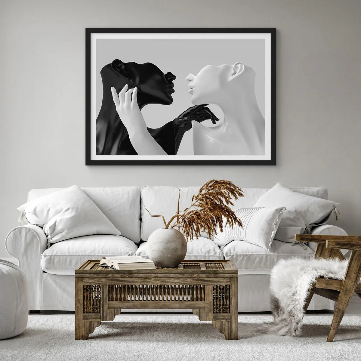 Poster in cornice nera - Silhouette in bianco e nero in primo piano dinamico - 100x70cm - Desiderio - attrazione - Decorazione murale moderna per soggiorno e camera da letto ARTTOR