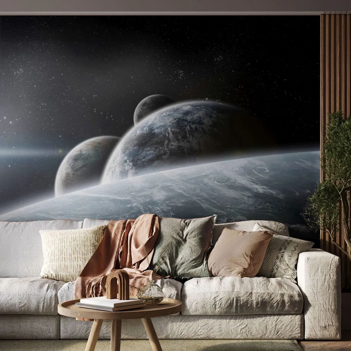 Fotomurali Standard Eco - Un paesaggio spaziale con diversi pianeti sullo sfondo delle stelle. - 100x70cm - La musica delle sfere celesti - Decorazione murale moderna per soggiorno e camera da letto ARTTOR