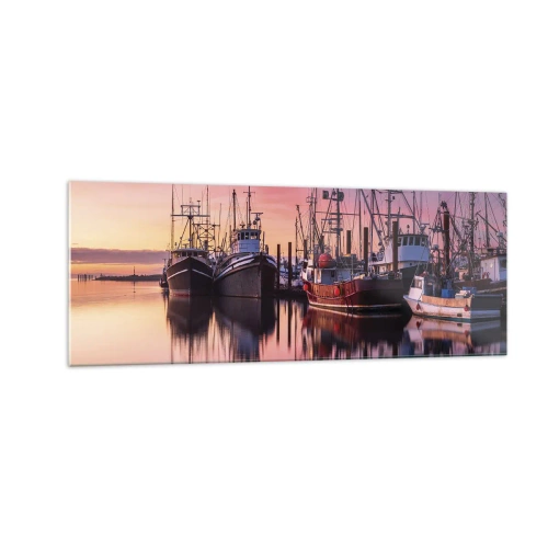 Quadro su vetro - Barche da pesca nel porto al tramonto - 140x50cm - Prima del giorno successivo - Decorazione murale moderna per soggiorno e camera da letto ARTTOR