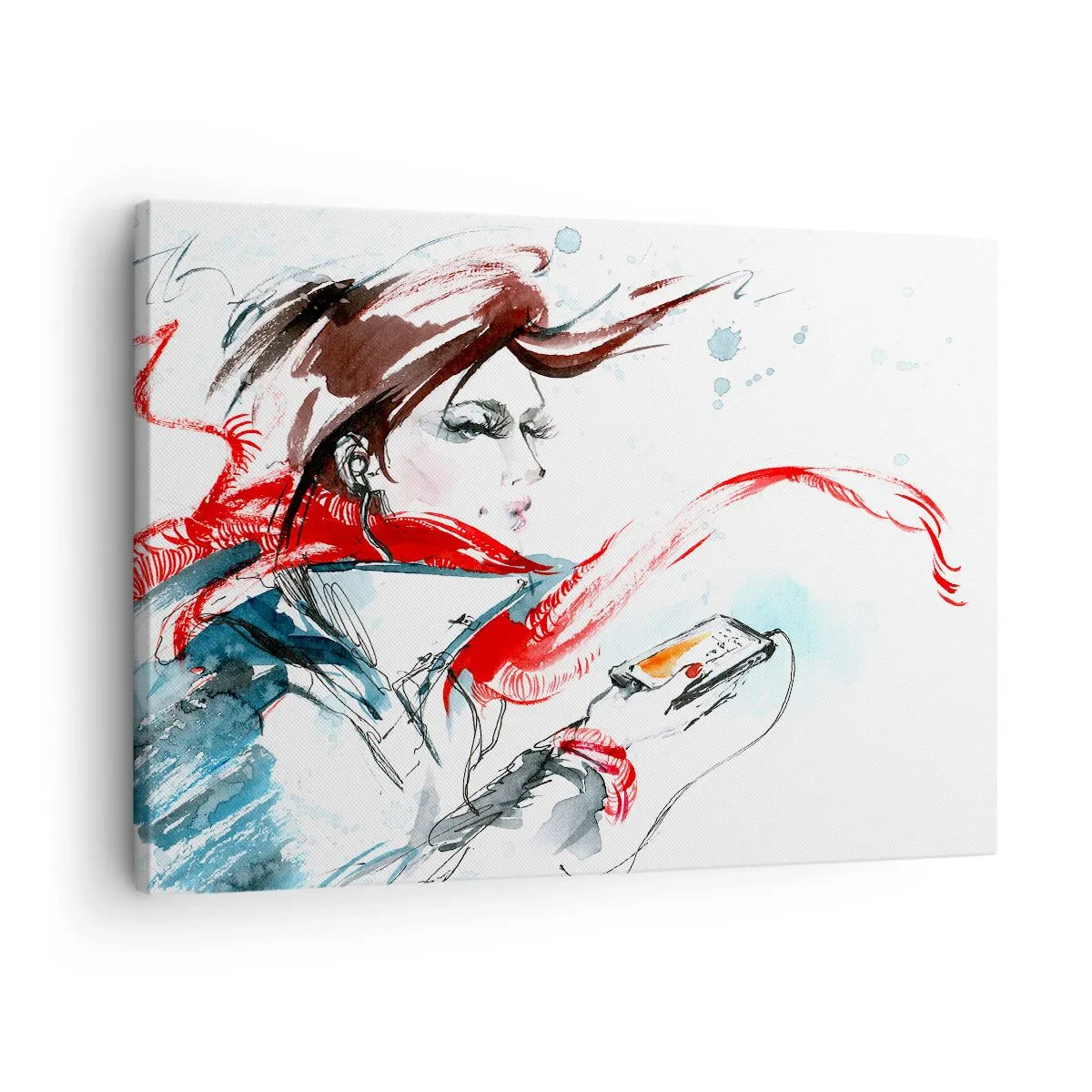 Quadro su tela - Stampe su Tela - Una donna con una sciarpa rossa con pennellate dinamiche ad acquerello - 70x50cm - Sentire la musica dentro - Decorazione murale moderna per soggiorno e camera da letto ARTTOR