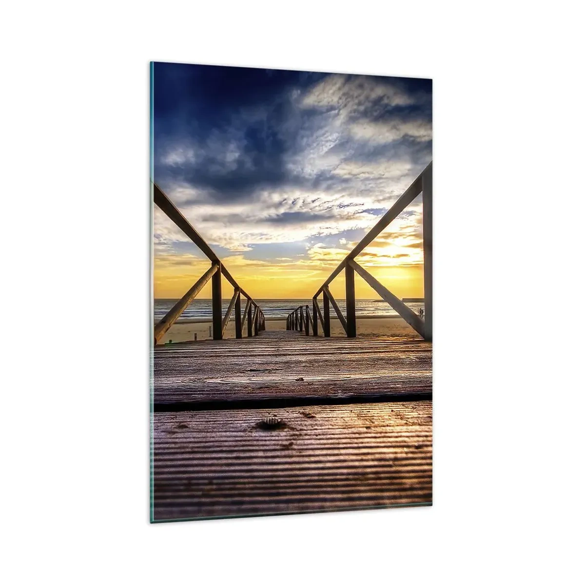 Quadro su vetro - Molo di legno che conduce alla spiaggia al tramonto - 80x120cm - Verso la spiaggia silenziosa al tramonto - Decorazione murale moderna per soggiorno e camera da letto ARTTOR