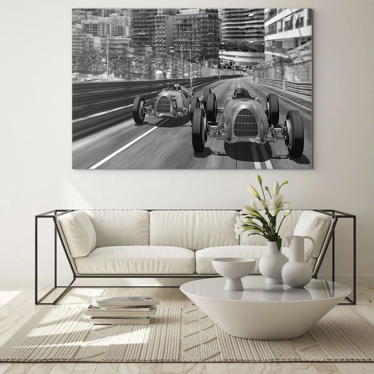 Quadro su vetro - Gara automobilistica storica in bianco e nero - 100x70cm - Tanto tempo fa a Montecarlo - Decorazione murale moderna per soggiorno e camera da letto ARTTOR