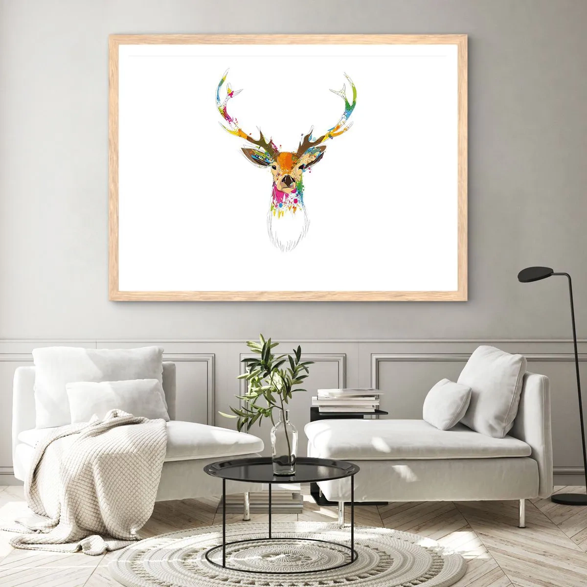 Poster in cornice rovere chiaro - Mite cerbiatto immerso nel colore - 40x30 cm