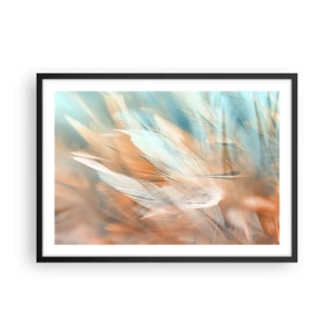 Poster in cornice nera - Delicate piume nei toni pastello del blu e dell'arancione - 70x50cm - Nel paese della mitezza - Decorazione murale moderna per soggiorno e camera da letto ARTTOR