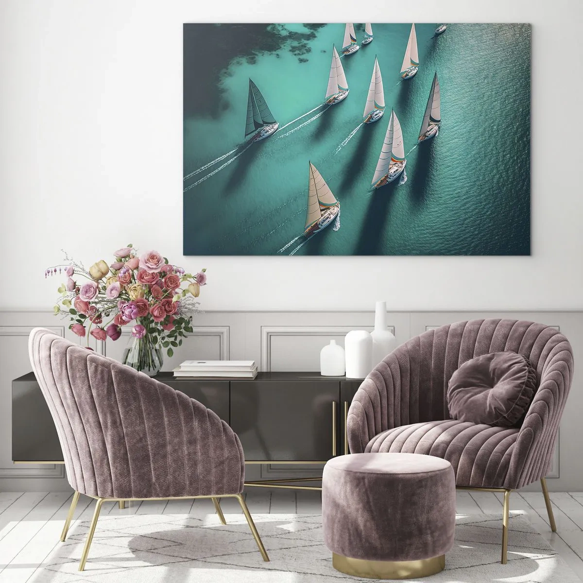 Quadro su vetro - Barche a vela su acque turchesi catturate da una vista a volo d'uccello - 70x50cm - In gara con il vento - Decorazione murale moderna per soggiorno e camera da letto ARTTOR