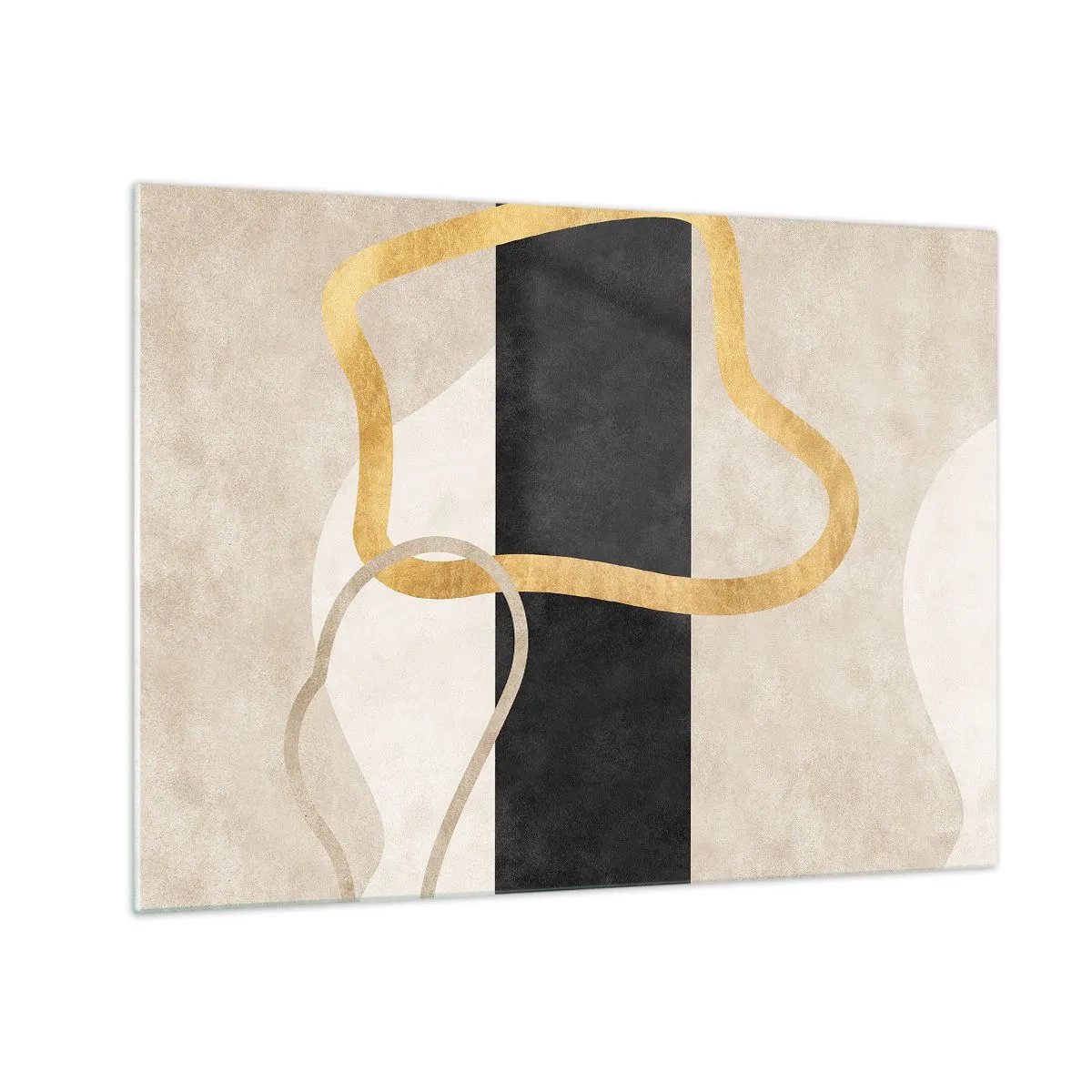 Quadro su vetro - Linee dorate e beige formano forme ad anello su uno sfondo a strisce nere. - 70x50cm - Forme intrecciate - Decorazione murale moderna per soggiorno e camera da letto ARTTOR