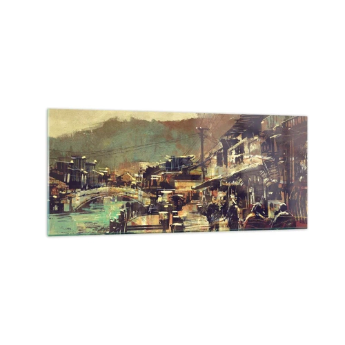 Quadro su vetro - Una città con un ponte e strade dallo stile artistico - 120x50cm - La vita come ricchezza di grigio - Decorazione murale moderna per soggiorno e camera da letto ARTTOR