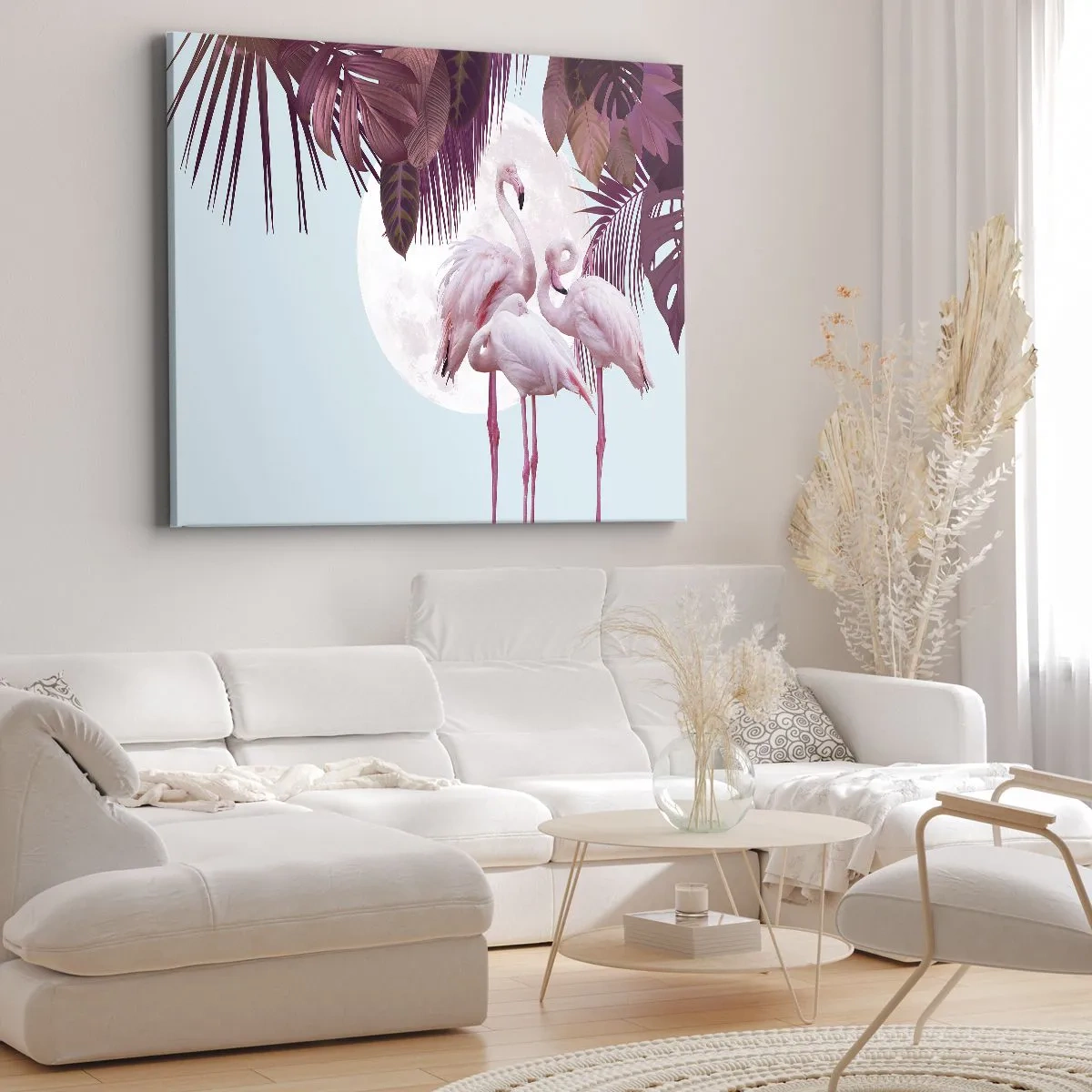 Quadro su tela - Stampe su Tela - Fenicotteri rosa sullo sfondo della luna e delle foglie tropicali - 100x70cm - Tre grazie alate - Decorazione murale moderna per soggiorno e camera da letto ARTTOR