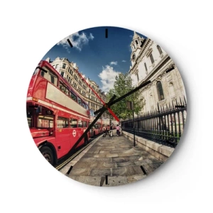 Orologio da parete - Orologio in Vetro - Un autobus rosso a due piani su una strada cittadina in una giornata di sole - 30x30cm - Via di Londra in grigio e rosso - Decorazione murale moderna per soggiorno, cucina e camera da letto ARTTOR