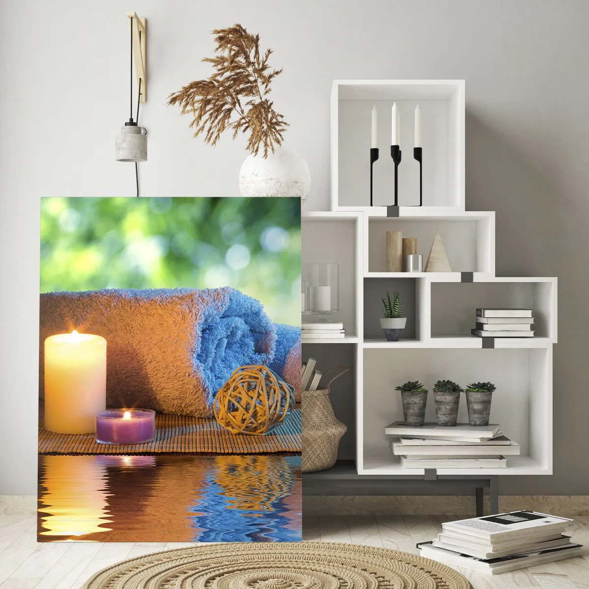 Quadro su vetro - Spa con asciugamani, candele e pietre sullo sfondo naturale - 50x70cm - Tempo per il corpo - Decorazione murale moderna per soggiorno e camera da letto ARTTOR