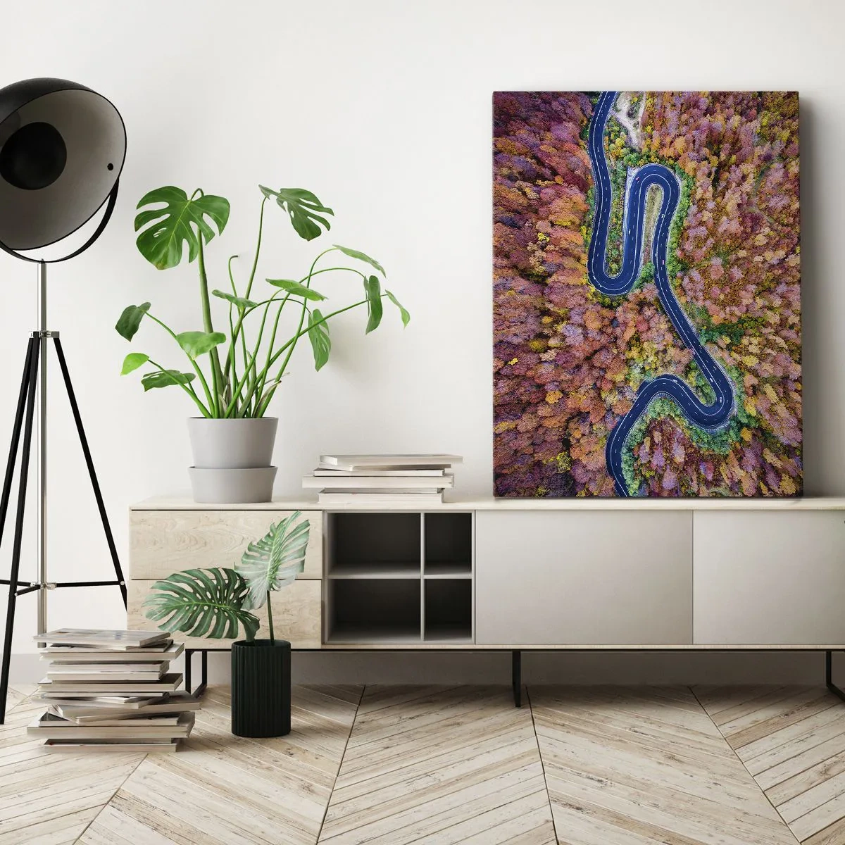 Quadro su tela - Stampe su Tela - Una strada tortuosa in una foresta autunnale vista a volo d'uccello - 80x120cm - Via tortuosa attraverso il bosco - Decorazione murale moderna per soggiorno e camera da letto ARTTOR