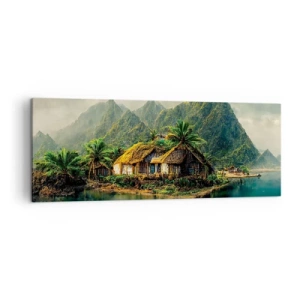 Quadro su tela - Stampe su Tela - Un'isola tropicale con palme e montagne sullo sfondo - 140x50cm - Paradiso tropicale - Decorazione murale moderna per soggiorno e camera da letto ARTTOR