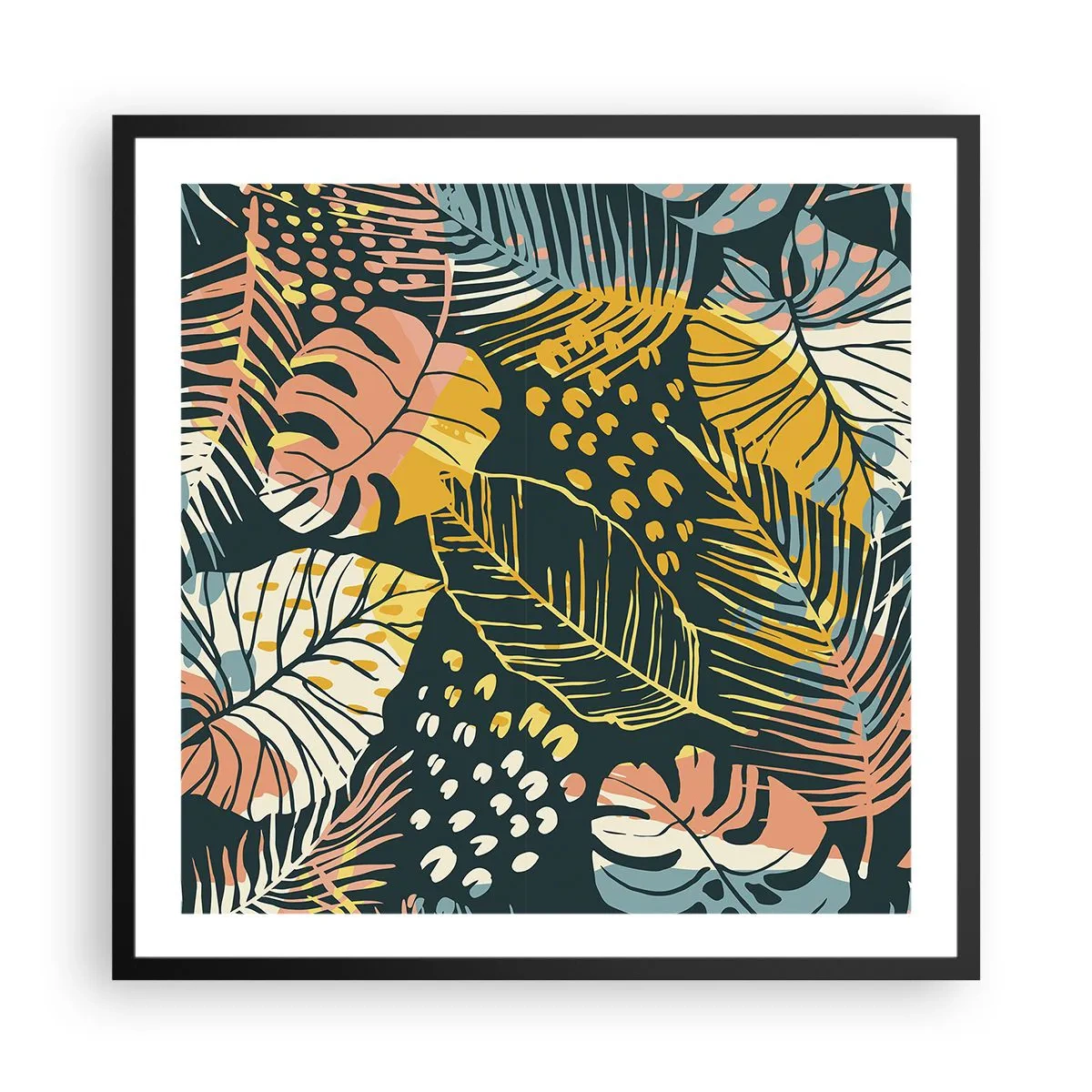 Poster in cornice nera - Fantasia di foglie - 60x60 cm