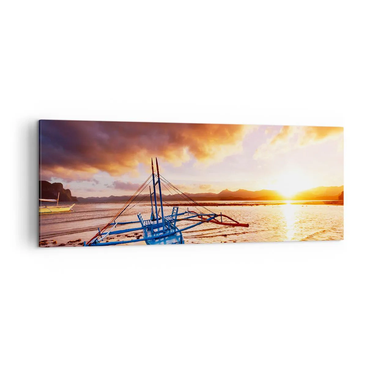 Quadro su tela - Stampe su Tela - Barca blu sulla spiaggia al tramonto - 140x50cm - Riposo sulla sabbia dopo l'intera giornata - Decorazione murale moderna per soggiorno e camera da letto ARTTOR