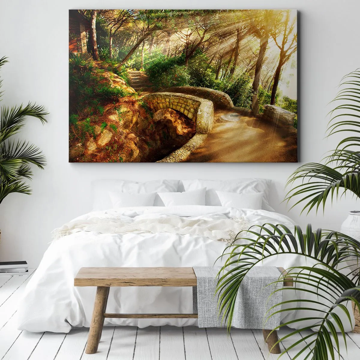 Quadro su tela - Stampe su Tela - Paesaggio forestale con raggi di sole e un ponte di pietra - 100x70cm - Dal ponte direttamente nel bosco delle fiabe - Decorazione murale moderna per soggiorno e camera da letto ARTTOR
