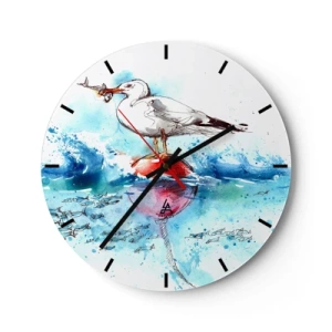 Orologio da parete - Orologio in Vetro - Un gabbiano con un pesce su una boa tra le onde, raffigurato in stile acquerello - 30x30cm - Buona pesca - Decorazione murale moderna per soggiorno, cucina e camera da letto ARTTOR