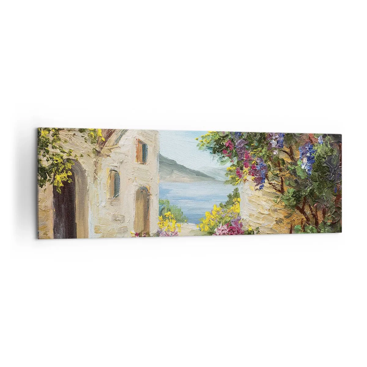 Quadro su tela - Stampe su Tela - Paesaggio marino con edifici in pietra e fiori - 160x50cm - La bellezza della provincia costiera - Decorazione murale moderna per soggiorno e camera da letto ARTTOR