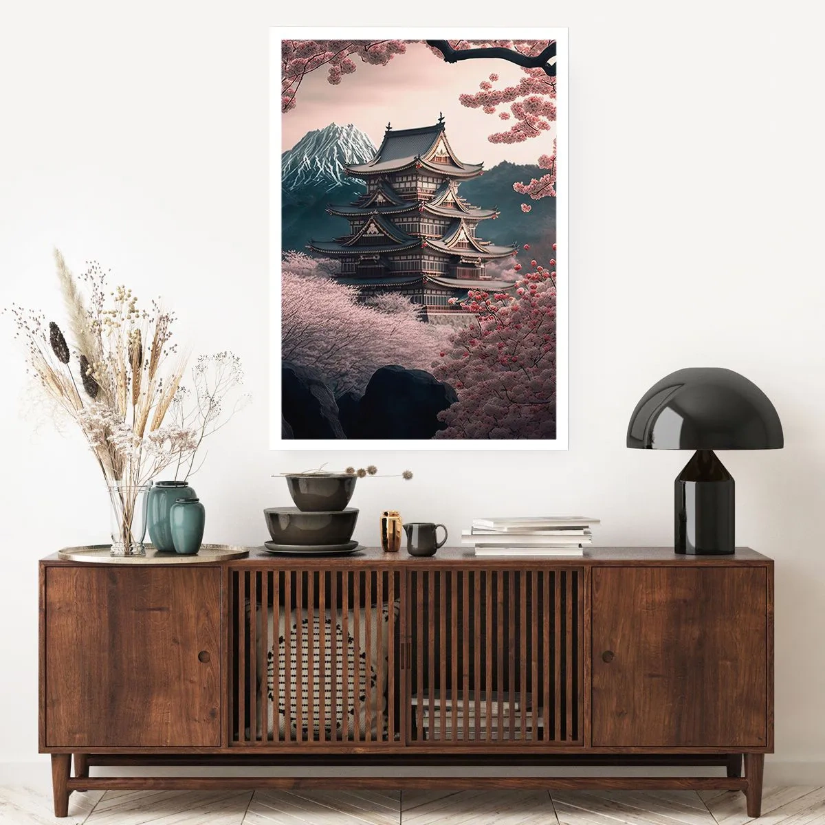 Poster - Pagoda giapponese tra i fiori di ciliegio - 50x70cm - Il Paese dei ciliegi in fiore - Decorazione murale moderna per soggiorno e camera da letto ARTTOR