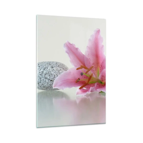 Quadro su vetro - Fiore di giglio rosa con pietre su sfondo chiaro - 80x120cm - Studio in rosa, grigio e bianco - Decorazione murale moderna per soggiorno e camera da letto ARTTOR