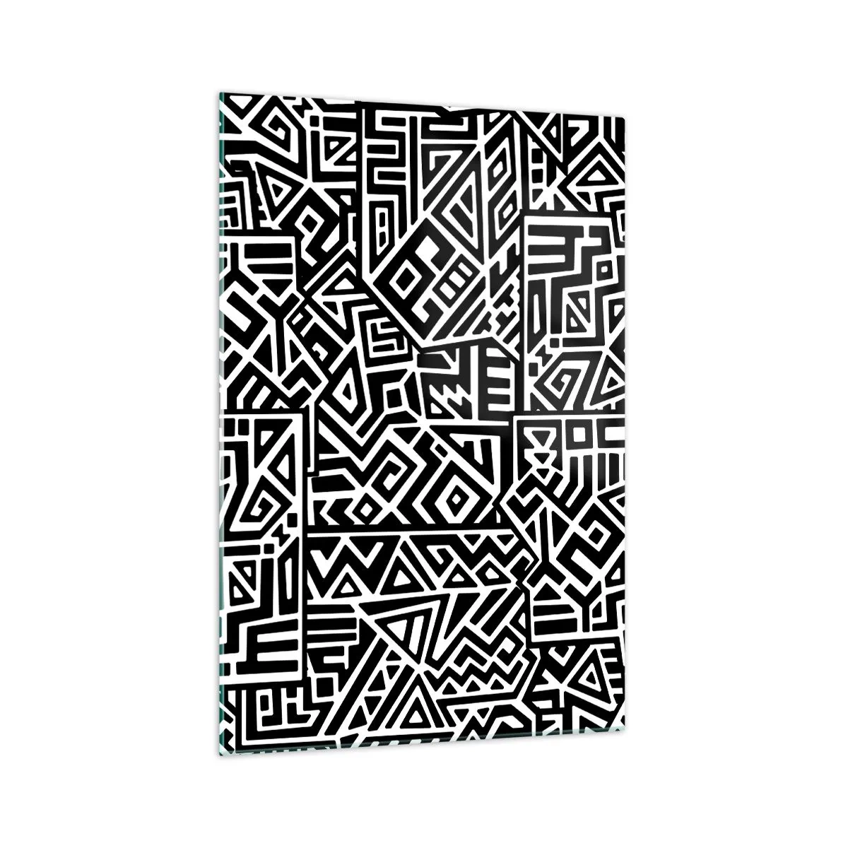 Quadro su vetro - Motivi geometrici in bianco e nero ispirati alla cultura precolombiana - 70x100cm - Composizione precolombiana - Decorazione murale moderna per soggiorno e camera da letto ARTTOR