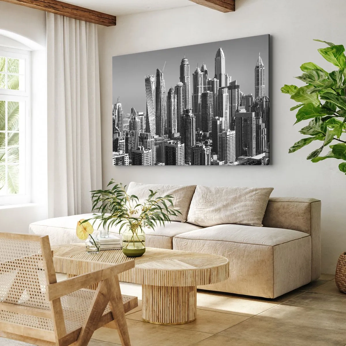 Quadro su tela - Stampe su Tela - Panorama di grattacieli moderni in toni monocromatici - 100x70cm - La città sul deserto - Decorazione murale moderna per soggiorno e camera da letto ARTTOR