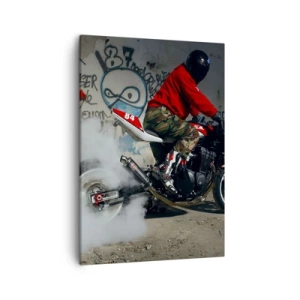 Quadro su tela - Stampe su Tela - Un motociclista esegue una spettacolare derapata in un edificio abbandonato ricoperto di graffiti. - 50x70cm - Inseguimi! - Decorazione murale moderna per soggiorno e camera da letto ARTTOR