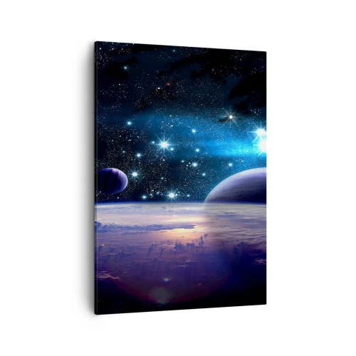 Quadro su tela - Stampe su Tela - Una vista dello spazio con pianeti e stelle - 50x70cm - Sempre da soli? - Decorazione murale moderna per soggiorno e camera da letto ARTTOR