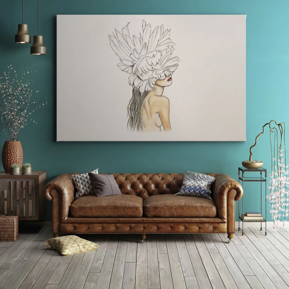 Quadro su tela - Stampe su Tela - Ritratto di donna con decorazione di piume in stile artistico - 70x50cm - Bellezza coronata - Decorazione murale moderna per soggiorno e camera da letto ARTTOR