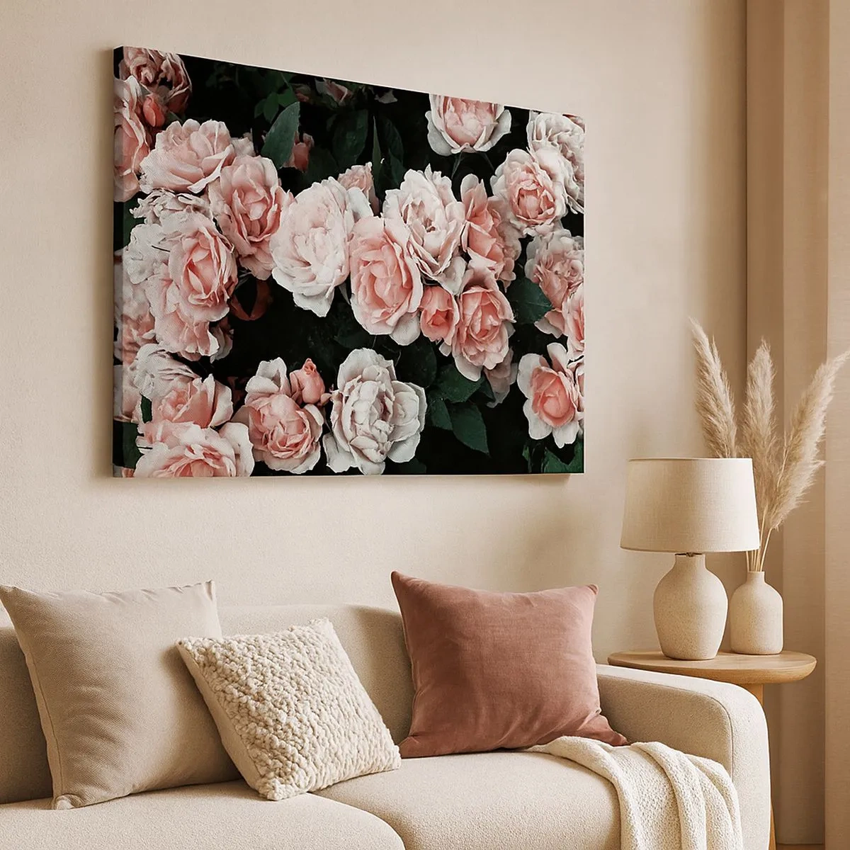 Quadro su tela - Stampe su Tela - Rose rosa su sfondo scuro in una composizione delicata - 70x50cm - Composizione di rose - Decorazione murale moderna per soggiorno e camera da letto ARTTOR
