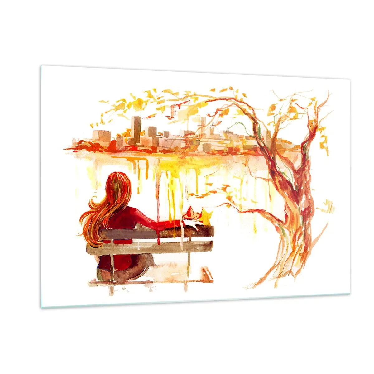 Quadro su vetro - Una figura su una panchina che domina la città in acquerello - 120x80cm - Un momento di riflessione - Decorazione murale moderna per soggiorno e camera da letto ARTTOR